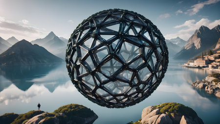 Wireframe mesh net of digital image of sphere Illustration with connected Lines and Dots of.  Futuristic internet network background.. AI generated imageの素材