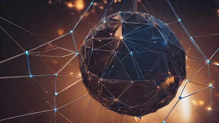 Wireframe mesh net of digital image of sphere Illustration with connected Lines and Dots of.  Futuristic internet network background.. AI generated imageの素材