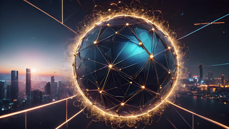 Wireframe mesh net of digital image of sphere Illustration with connected Lines and Dots of.  Futuristic internet network background.. AI generated imageの素材