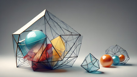 Abstract Modern geometric 3D shapes Background.  Geometric shapes  geometric shape with mesh net dots and connections.  AI generated imageの素材