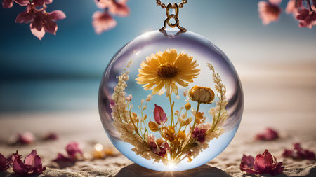 Beautiful pendant with flowers in resin. Flower in crystal clear resin pendant necklace.  AI generated image, aiの素材