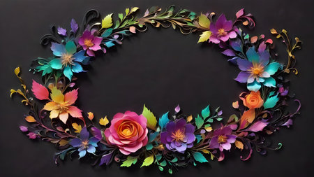 Round flower frame for invitation, greeting card, t-shirt design. Colorful floral wreath with flowers, branches, buds, leaves. AI generated image, aiの素材