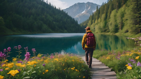 Hiker on trek with backpack living healthy active lifestyle. Hiker walking on hike in mountain nature landscape . AI generated image, aiの素材