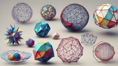 Abstract Modern geometric 3D shapes Background.  Geometric shapes  geometric shape with mesh net dots and connections.  AI generated imageの素材