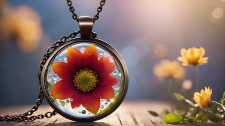Beautiful pendant with flowers in resin. Flower in crystal clear resin pendant necklace.  AI generated image, aiの素材