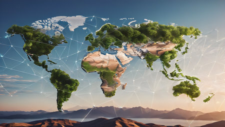Polygonal mesh map of world. as lobalization internet and technology, travel, internet, earth or other concept.   AI generated image, aiの素材