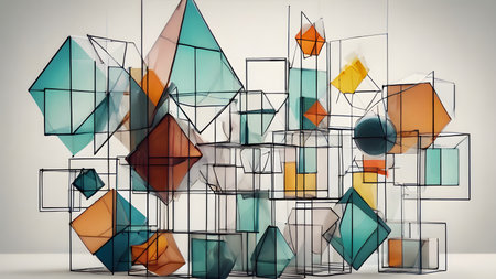 Abstract Modern geometric 3D shapes Background.  Geometric shapes  geometric shape with mesh net dots and connections.  AI generated imageの素材