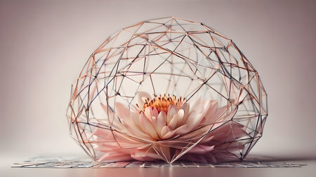 Abstract polygonal flower wireframe with mesh net dots lines and connections . Futuristic creative polygonal flower as science and beauty innovation concept..  AI generated image, aiの素材