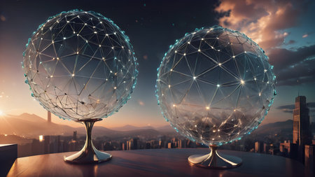 Wireframe mesh net of digital image of sphere Illustration with connected Lines and Dots of.  Futuristic internet network background.. AI generated imageの素材