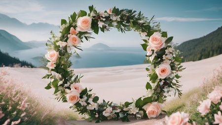 Round flower frame for invitation, greeting card, t-shirt design. Colorful floral wreath with flowers, branches, buds, leaves. AI generated image, aiの素材