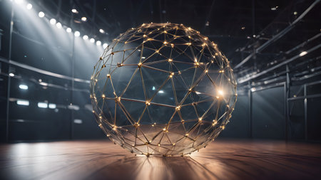 Wireframe mesh net of digital image of sphere Illustration with connected Lines and Dots of.  Futuristic internet network background.. AI generated imageの素材