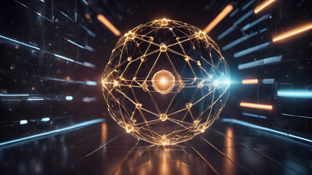 Wireframe mesh net of digital image of sphere Illustration with connected Lines and Dots of.  Futuristic internet network background.. AI generated imageの素材