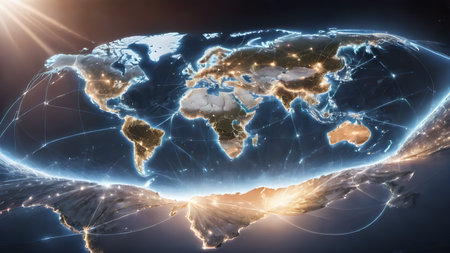 Polygonal mesh map of world. as lobalization internet and technology, travel, internet, earth or other concept.   AI generated image, aiの素材