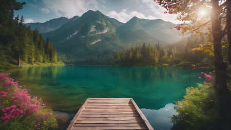 Artifical Intelligence generated vivid colorful landscape scenery. Floral background in nature on the mountains.  AI generated imageの素材