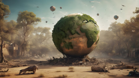 Deforestation concept. Trees cut down in forest. Environmental damage, global warming and climate change concept.  AI generated imageの素材