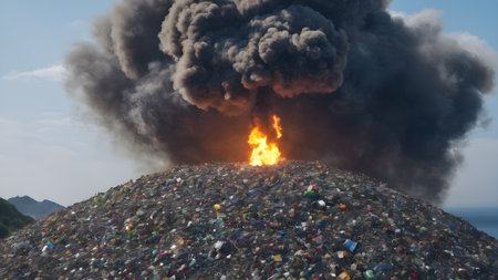 Water pollution an environmental disaster concept. Environmental damage. Dirty polluted water with garbages of heap of litter. Environment pollution concept. AI generated imageの素材