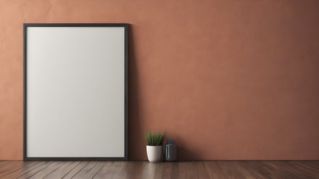 Artifical Intelligence generated interior with empty frame on wall. Blank picture frame hanging on wall, AI generated imageの素材