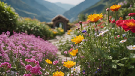 Artifical Intelligence generated vivid colorful landscape scenery with a path.  Floral background in nature on the mountains.  AI generated imageの素材