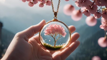 Hand holding beautiful pendant with flowers in resin. Flower in crystal clear resin pendant necklace.  AI generated image, aiの素材
