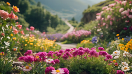 Artifical Intelligence generated vivid colorful landscape scenery with a path.  Floral background in nature on the mountains.  AI generated imageの素材