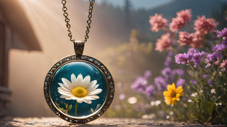 Beautiful pendant with flowers in resin. Flower in crystal clear resin pendant necklace.  AI generated image, aiの素材