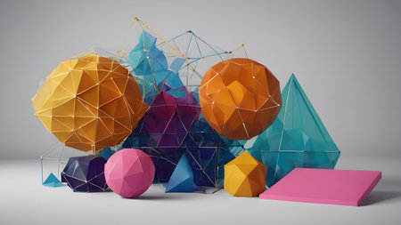 Abstract Modern geometric 3D shapes Background.  Geometric shapes  geometric shape with mesh net dots and connections.  AI generated imageの素材