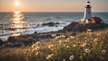 Lighthouse with flowers  by the ocean on a Bay with a beach. AI generated image, aiの素材