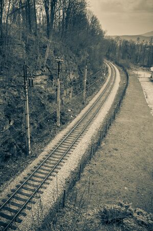 Poland, Railway tracks with electric traction for trains.
