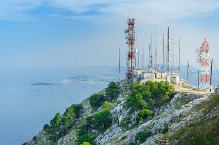 Mount Pantokrator with a panoramic view of the sea, transmitters on the top.の写真素材