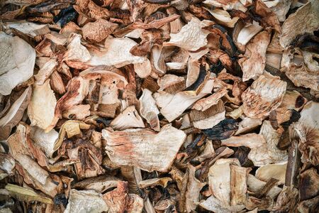 Dried mushrooms, a healthy natural addition to dishes. Freshly picked edible mushrooms from the forest were dried. Prepared for tight packing.の写真素材