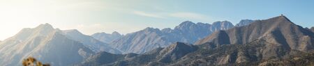 The view from the ghost tower on the beautiful panorama of the mountain peaks.の写真素材