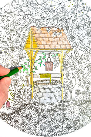Anti-stress coloring book for everyone. Small elements create a pattern to be colored with pencils. A way to rest mentally, after painting creates a colorful picture.の写真素材