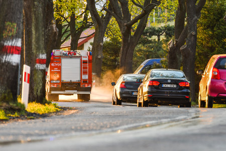 Bystrzyca Klodzka, Poland - April, 24,2020: Sanitizing the city by fire department, disinfecting...