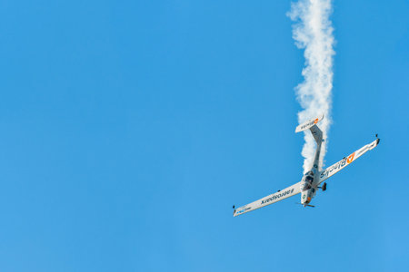 Leszno, Poland - June, 19, 2021: The Grob 109b of the Aerosparx team performed at the Antidotum Airshow Leszno. Aerosparx are the team combine Formation flying, Aerobatics and night time pyro.のeditorial素材