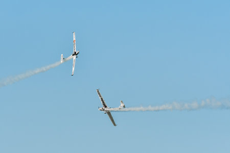 Leszno, Poland - June, 19, 2021: The Grob 109b of the Aerosparx team performed at the Antidotum Airshow Leszno. Aerosparx are the team combine Formation flying, Aerobatics and night time pyro.のeditorial素材