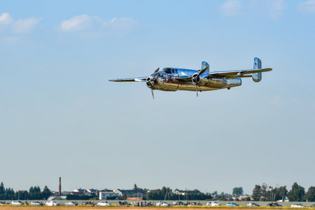 Leszno, Poland - June, 19, 2021: The North American B-25 Mitchell performed at the Antidotum Airshow...