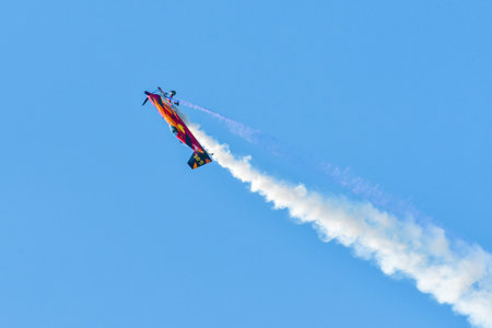 Leszno, Poland - June, 19, 2021: Marek Choim performed in the Extra 330SC plane at the Antidotum...