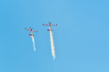 Leszno, Poland - June, 19, 2021: The Zelazny Aerobatic Team Zlin 50LS performed at the Antidotum Airshow Leszno. Zlin 50LS is single engine aerobatic plane.のeditorial素材