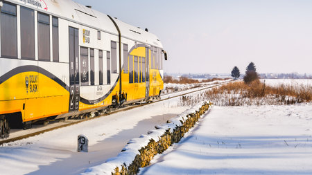 A train passing on a railroad on a winter day through a snowy landscape.のeditorial素材
