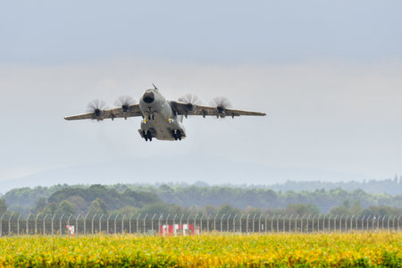 NATO DAYS, OSTRAVA, Czech republic-September, 18,2021: Airbus A-400M Atlas German Air Force at LeoÅ¡ JanÃ¡Äek Airport Ostrava. Airbus A-400M Atlas is four-engine turboprop military transport aircraft.のeditorial素材