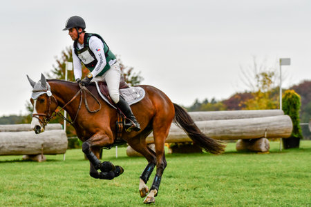 Strzegom October Festival, Morawa, Poland - October, 17, 2021: Czech competitor Patrik Sukdolak on horse Quida 1 approaches the station during the competition.のeditorial素材