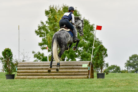 Strzegom October Festival, Morawa, Poland - October, 17, 2021: Dutchwoman competitor Lianne Chardon on horse Kerdeaux Fortuna jumps through the station. She took second place on the podium.のeditorial素材