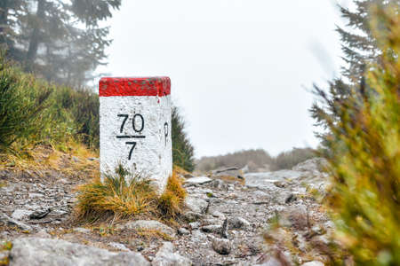 Border mark on the border of the Polish-Czech state, the post stands along the hiking trail on a...