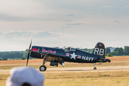 Leszno, Poland - June, 17, 2022: Antidotum Airshow Leszno, The Flying Bulls Vought F4U-4 Corsair, US Navy aviation fighter. The pilot of the plane safely landed at the airports.のeditorial素材