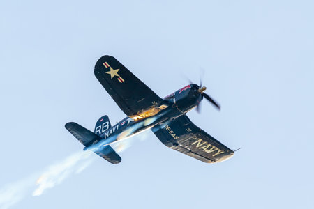 Leszno, Poland - June, 17, 2022: Antidotum Airshow Leszno, The Flying Bulls Vought F4U-4 Corsair, US Navy aviation fighter. The airplane pilot performs acrobatics in the air, demonstrating his skillsのeditorial素材