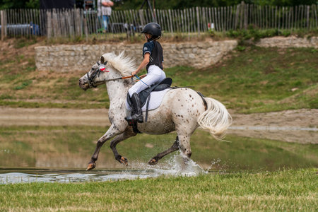 Strzegom Horse Trials, Morawa, Poland - June, 25, 2022: Ride of young riders on ponies, on the Cross Country route during the competition.のeditorial素材