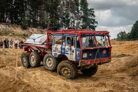 Kunstat, Czech Republic - August 14, 2022: Unidentified truck at difficult muddy terrain during...