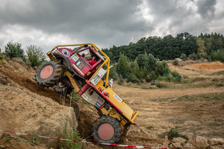 Kunstat, Czech Republic - August 14, 2022: Unidentified truck at difficult muddy terrain during truck trial National championship show of Czech Republic 2022 in Kunstat.のeditorial素材