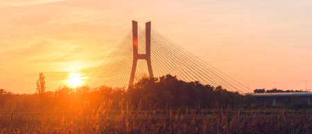 Wroclaw Redzinski bridge over the Odra river, bridge pylon illuminated by the rays of the setting...