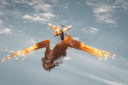 Leszno, Poland - June, 17, 2022: Antidotum Airshow Leszno, Eurocopter AS332 Super Puma. The helicopter pilot demonstrates the defense system, releases a large number of flares in the air.のeditorial素材